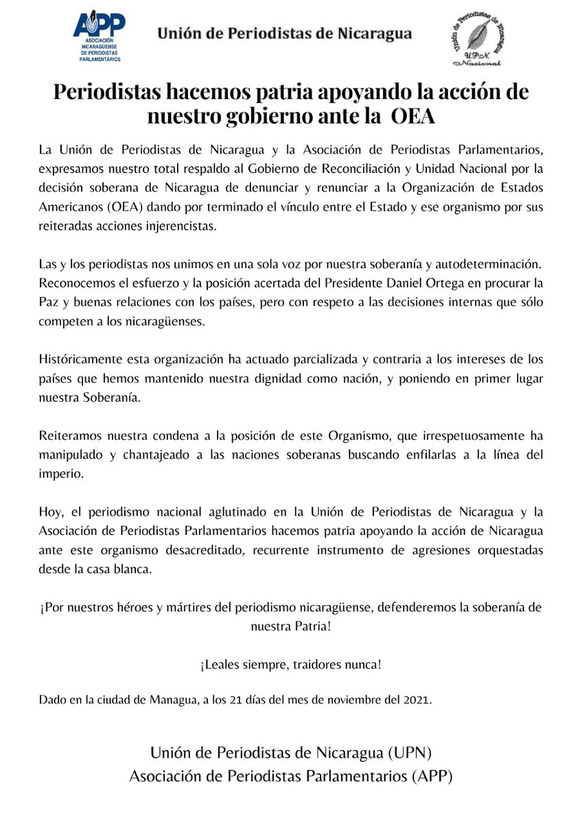 UPN y APP en apoyo retiro de OEA <a href="/Capricornio_Qui/">Capricornio_2012</a> <a href="/vozdenicaragua/">Voz de Nicaragua Voice of Nicaragua</a> <a href="/GixaTorres/">Gixa Torres</a> <a href="/Mari_Nic24/">Mari Nicaragua Triunfa❤🖤</a> <a href="/ZoilaEspeRo/">Zoila Rodriguez</a> <a href="/CayetanoAnt/">cayetano ant. santan</a> <a href="/SomosMD2/">Somos dos</a> <a href="/SolDeLibertadNi/">Sol De Libertad Nica</a> <a href="/teleSURtv/">teleSUR TV</a> <a href="/laprimerisima/">Radio La Primerísima</a> <a href="/TaniaEl19/">Tania</a> @