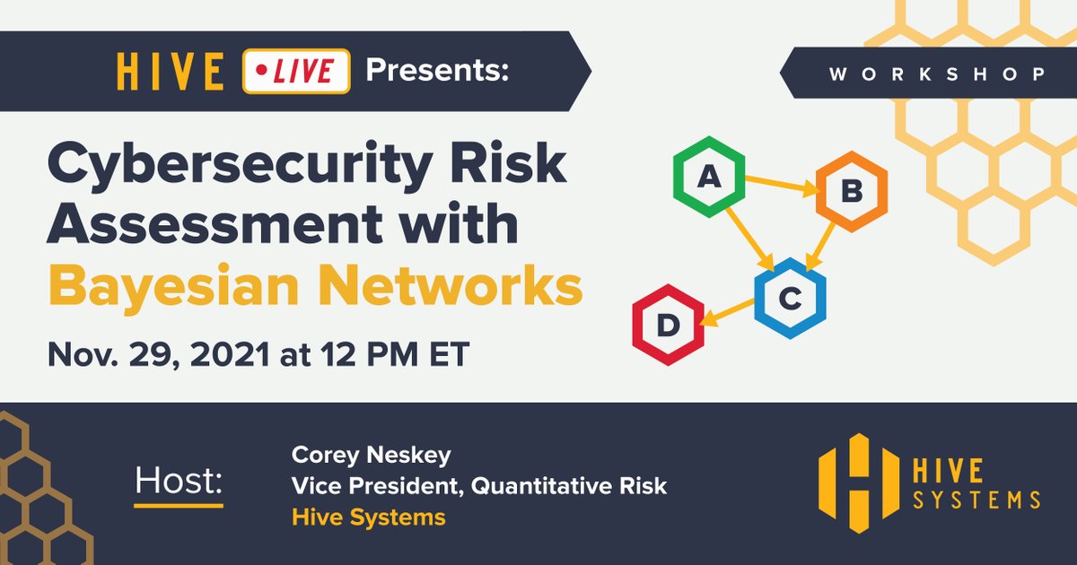 hivesystems's tweet image. How can determining the risk of a cyber incident be quantified? Join our expert in our discussion about applying Bayesian networks to evaluate risk on more than just a 3-point scale. November 29 at 12pm ET
hivesystems.io/hivelive
#cybersecurity #workshop #bayesiannetworks