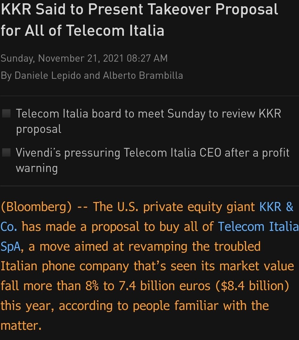 JaH_HY's tweet photo. Any thoughts on #KKR's proposed take-over of $TITIM? Spinning the network into a government entity may get it over the line, however, would be credit negative for TIM IMO. #HighYeild #TelecomItalia https://t.co/AgjYDzoDWY