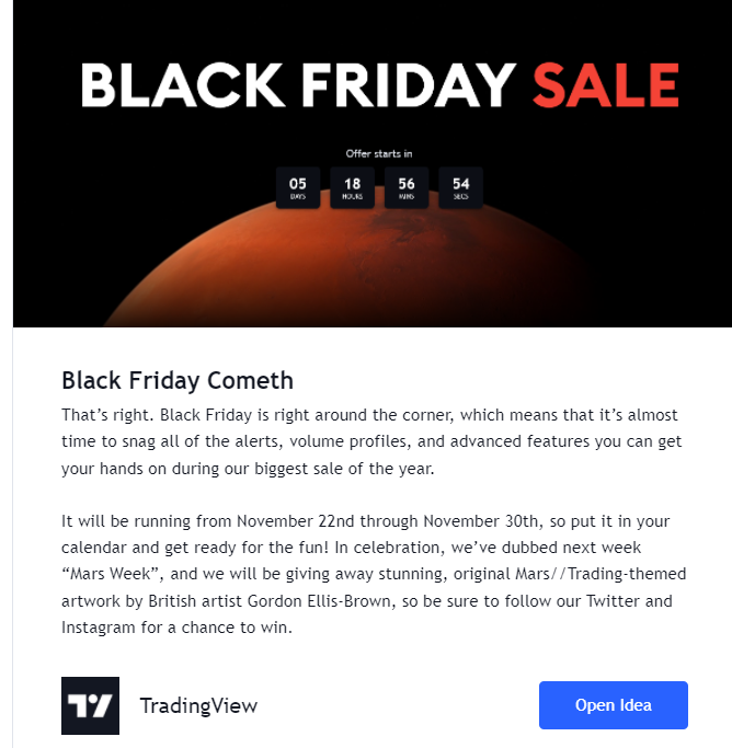 ElaineBenes99's tweet photo. The annual Black Friday sale for the TradingView @tradingview live charting platform annual sub starts tomorrow, 11/22/21, and runs through 11/30! Sale prices will often be -40%! (I am not affiliated, nor do I work for them, I just love them.) MusicFan87 is my username. https://t.co/4ot42rdbwu