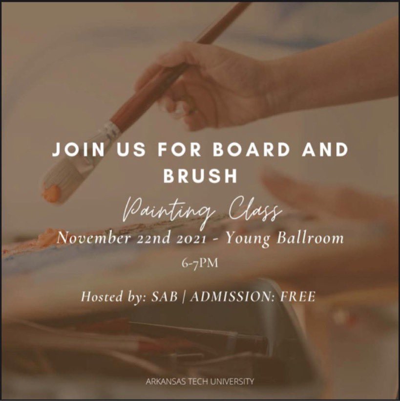 Do you like painting? How about dorm decorations? You can have both in one night with our Board and Brush event! There will be seasonal, as well as year round designs for you to choose from so make sure to come out! Board and Brush will be in Young Ballroom at 6pm-7pm! 🎨🖌🖼