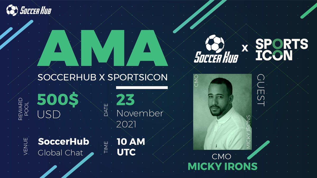 📢 Hey SoccerHub fellas, we will be having an AMA with @Sportsicon 🤩

⛳️ Venue: t.me/soccerhub_glob…
🕙 Time: 10:00AM UTC, November 23rd
💸 Reward pool: 500 USDT

1️⃣ Follow @SoccerHub_io and @Sportsicon
2️⃣ Like + Retweet 
3️⃣ Drop ONE question

Community, set an alarm 😘