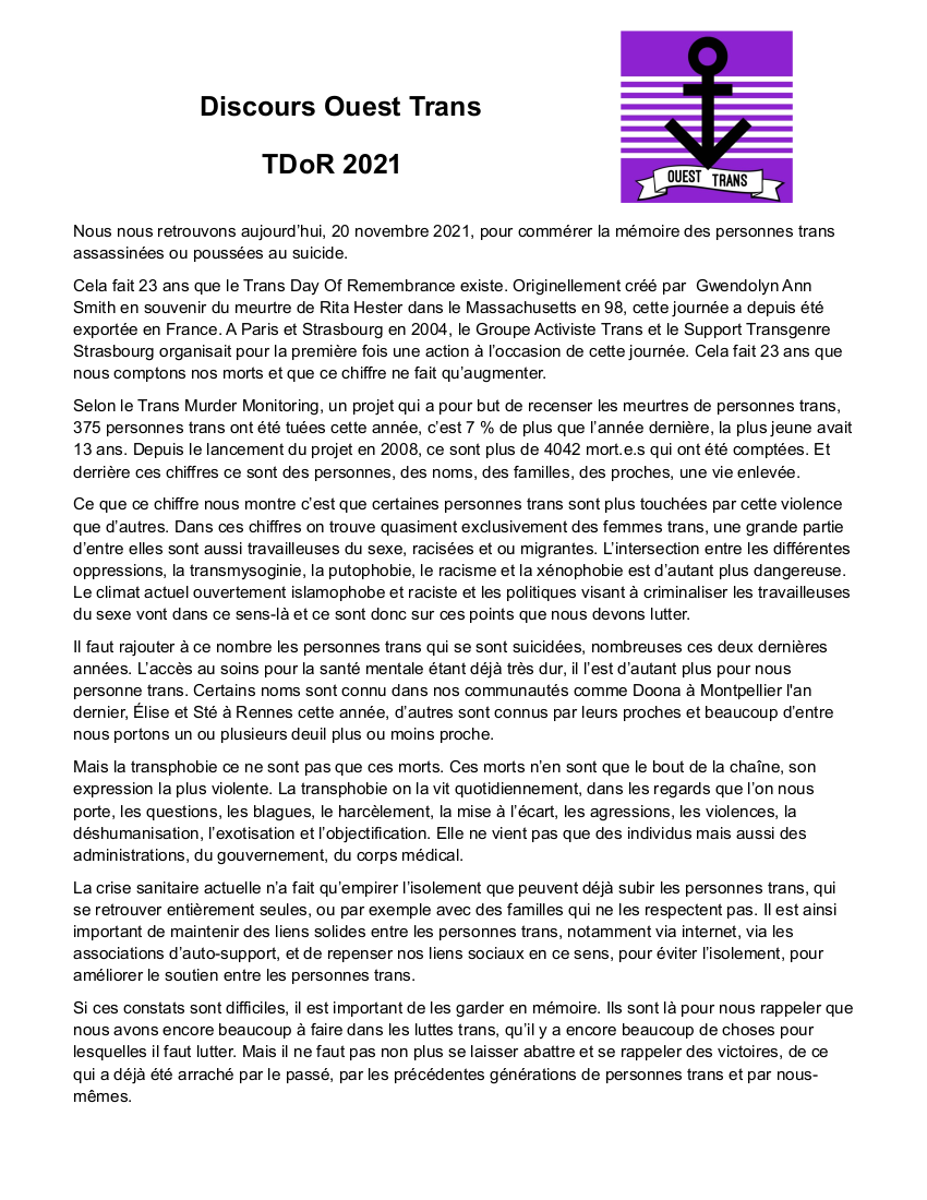 ouest_trans's tweet photo. [TDoR 2021] 

Voici notre discours lu hier soir à l'occasion de la journée du souvenir trans, et quelques photos du rassemblement 🕯️ https://t.co/4hWQrRjKyP