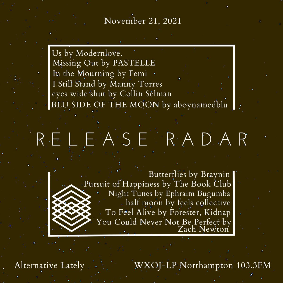 Tonight on Alternative Lately, we’ll be playing the following releases by <a href="/modernlove_band/">modernlove.</a> <a href="/onlyfemimusic/">Femi</a> <a href="/mannytorres/">Manny Torres</a> <a href="/kidnapmusic/">Kidnap</a> <a href="/forestermusic/">Forester</a> @collinselman @thebookclubmcr @iambraynin and more!

Tune in from 9-11pmEST on WXOJ-LP 103.3FM or stream at valleyfreeradio.org/listen