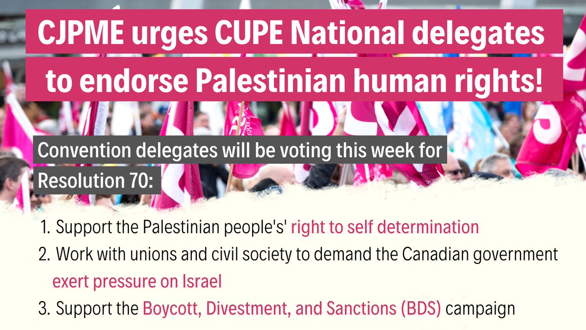 CJPME's tweet photo. This week, @cupenat members from across the country will be gathering for #CUPE2021. CJPME is encouraging delegates to vote for Resolution 70 in support of Palestinian human rights and BDS! See more from @PalestineLabour: https://t.co/sTl5PFKII0    #canlab #cupe #canadianlabour https://t.co/Xzkehsyr1W