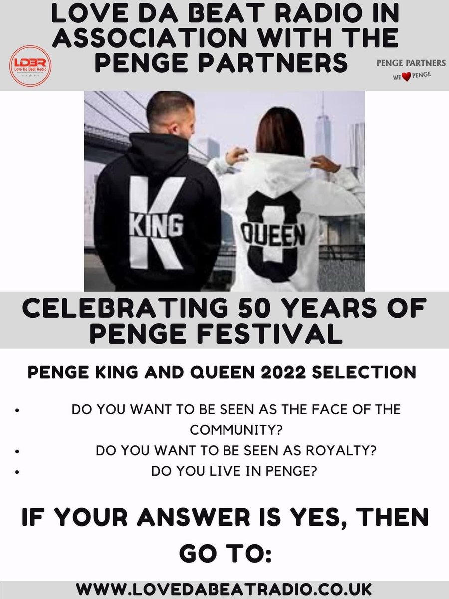 Penge Partners (@pengepartners20) on Twitter photo Celebrating 50 years of the Penge Festival ❤️
Fancy being a Penge King or Queen?Then enter the Penge Festival competition. Please go to lovedabeatradio.co.uk/?lightbox=data…
<a href="/thepengetourist/">Penge Tourist Board</a> <a href="/LoveDaBeatRadio/">Love Da Beat Radio ®️</a> Celebrating 50 years of the Penge Festival ❤️
Fancy being a Penge King or Queen?Then enter the Penge Festival competition. Please go to lovedabeatradio.co.uk/?lightbox=data…
<a href="/thepengetourist/">Penge Tourist Board</a> <a href="/LoveDaBeatRadio/">Love Da Beat Radio ®️</a>