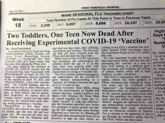 #Gib_der_Pandemie_ein_Gesicht mit einem Zeitungsartikel aus Amerika, indem geschrieben wurde das zwei Kleinkinder nach einer experimentellen COVID-19 Impfung verstorben sind.