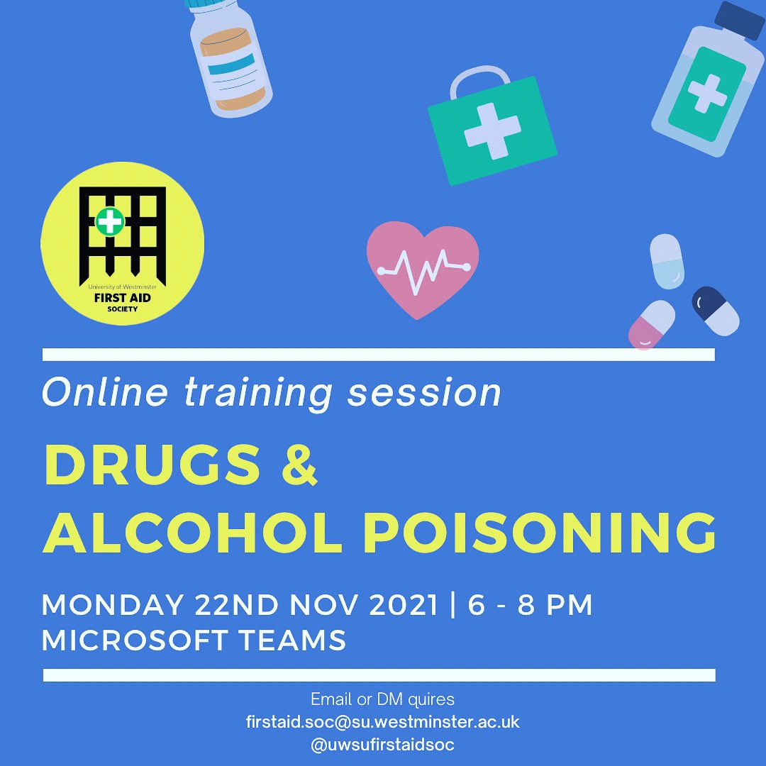 Hello everyone👋

Join us for a fun session that will address how to deal with casualties that have consumed drugs, alcohol and poisons.

This session will be recorded.
Email or DM if you have any quires.

Hope to see you all there💚🚑🥳
#sjastudents #firstaid