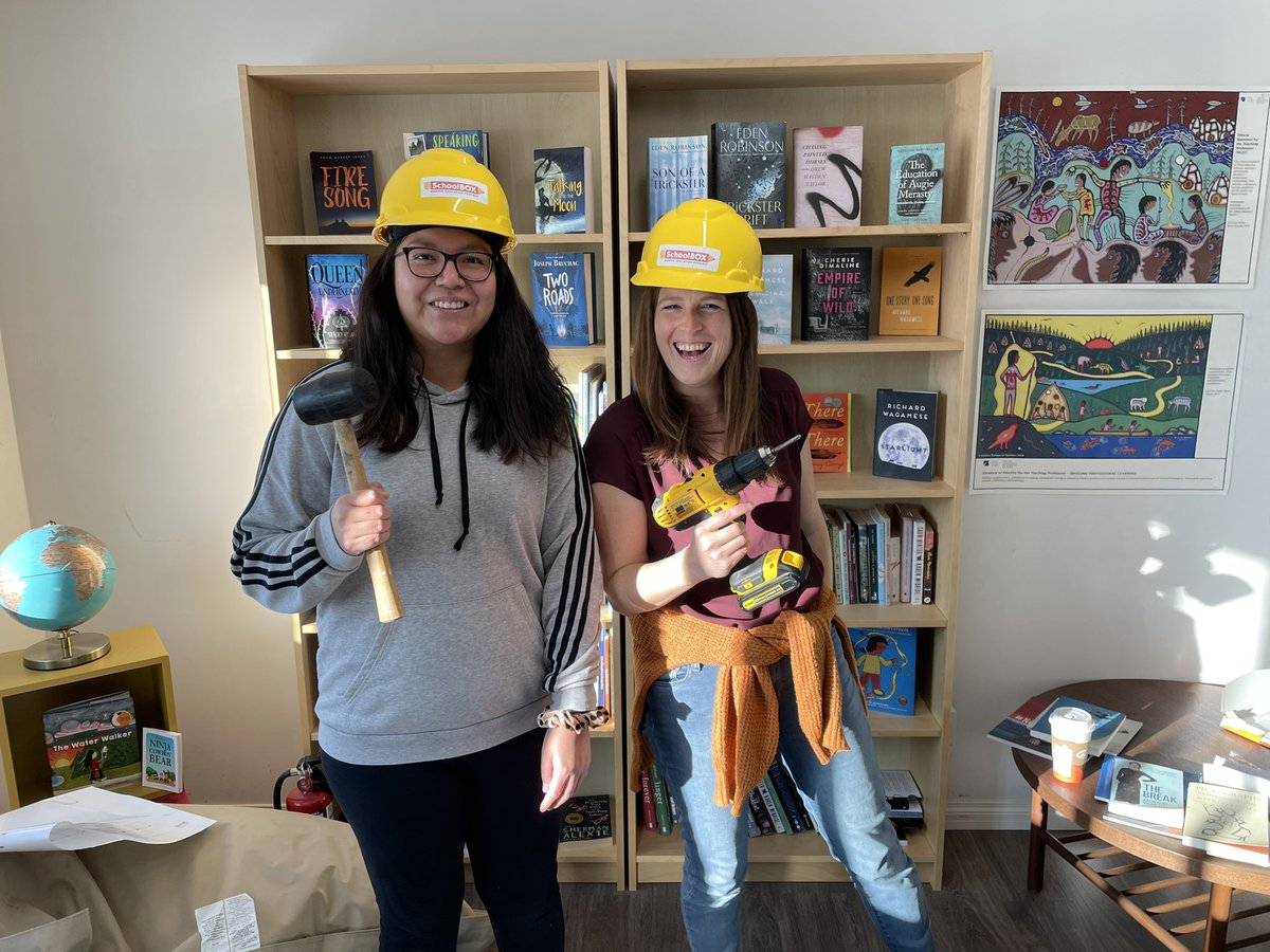 Our SchoolBOX North team had a GREAT day visiting Niisaachewan for the unboxing of a new shipment of books from <a href="/GoodMindsBooks/">GoodMinds.com</a> and the installation of more shelves! Well done team 👏🏼❤️ #makingeducationpossible