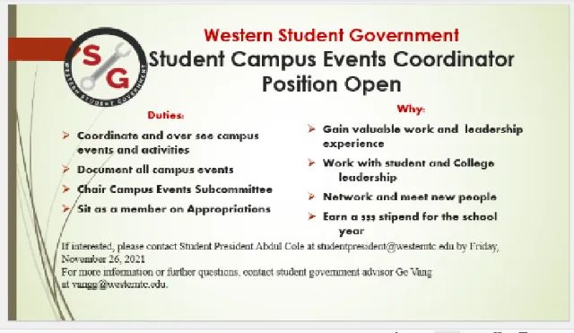 WesternSG's tweet photo. We are seeking a new Campus Events Coordinator as our current one will be moving onto UW-L at the end of the semester. https://t.co/UJBgjH9Hhx