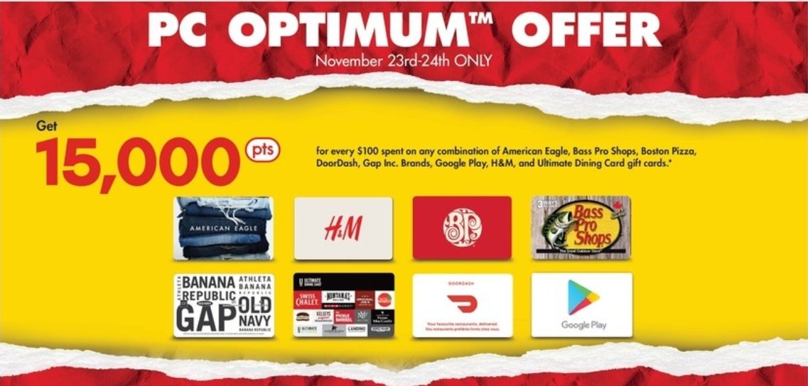 No Frills Ontario: Get 15,000 PC Optimum Points When You Spend $100 On Participating Gift Cards November 23rd – 24th https://t.co/X5dIvKs7r7 https://t.co/A2LgfoZXpF