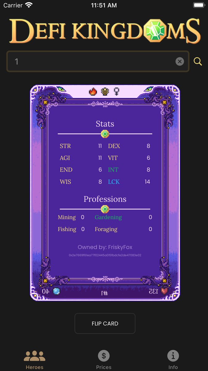 ThumbWizards's tweet photo. New iOS app.  check it out @DefiKingdoms people.
- Hero lookups and Market price data.  
- more updates coming.
(hero image API isn't up yet, in case you're wondering where the actual hero image is).

https://t.co/H7GJvrV3aq https://t.co/PrGhczf6qr