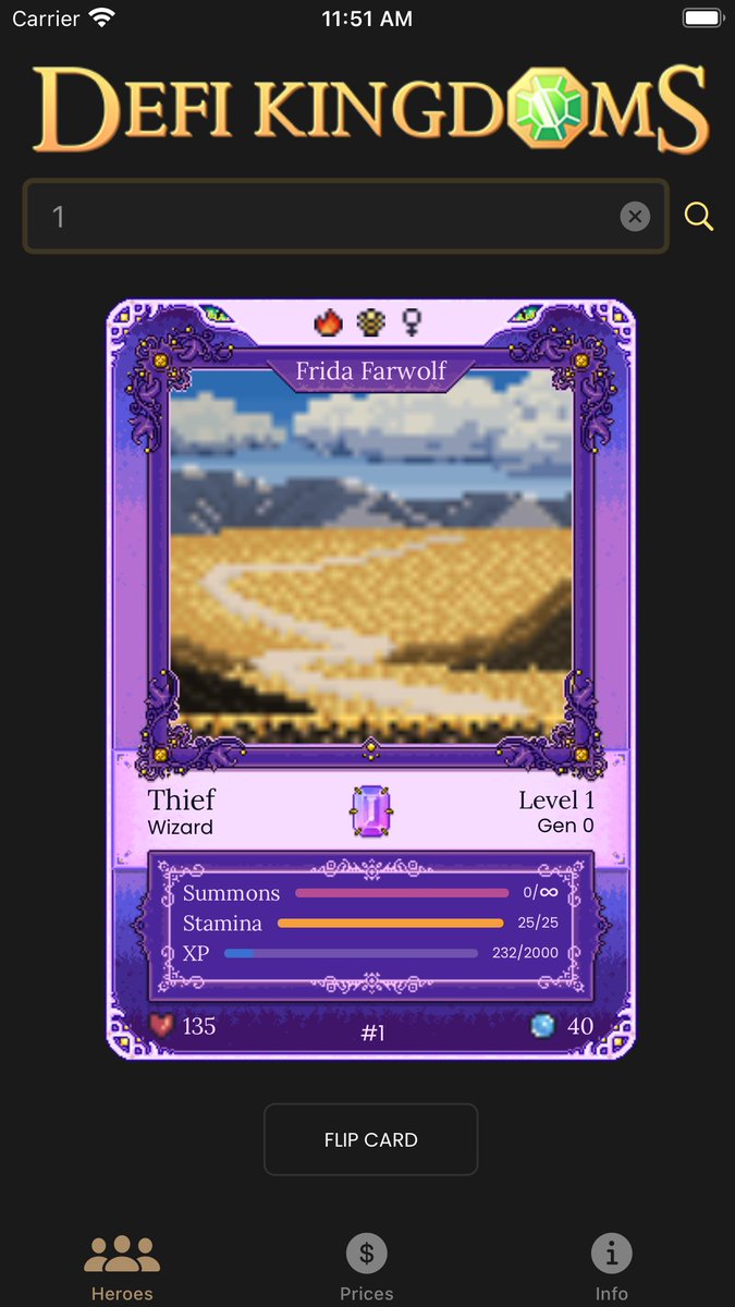 ThumbWizards's tweet photo. New iOS app.  check it out @DefiKingdoms people.
- Hero lookups and Market price data.  
- more updates coming.
(hero image API isn't up yet, in case you're wondering where the actual hero image is).

https://t.co/H7GJvrV3aq https://t.co/PrGhczf6qr