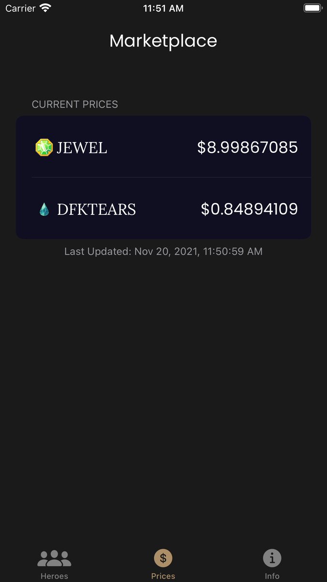 ThumbWizards's tweet photo. New iOS app.  check it out @DefiKingdoms people.
- Hero lookups and Market price data.  
- more updates coming.
(hero image API isn't up yet, in case you're wondering where the actual hero image is).

https://t.co/H7GJvrV3aq https://t.co/PrGhczf6qr