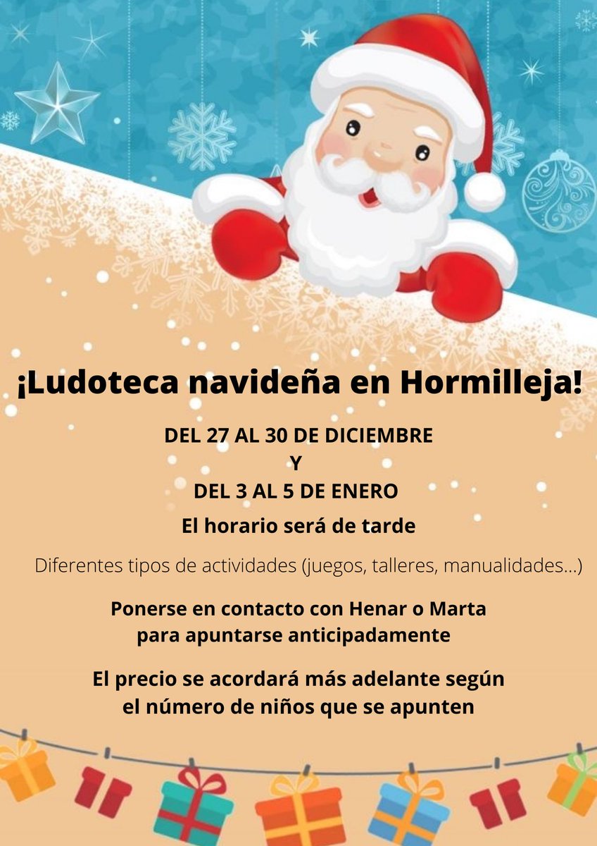 hormillejaach's tweet photo. ¡Ludoteca navideña en Hormilleja!
Fechas: del 27 al 30 de Diciembre y del 3 al 5 de Enero. Para inscribirse hay que ponerse en contacto con Henar o Marta. #hormilleja #larioja https://t.co/bhlxsCY8JQ