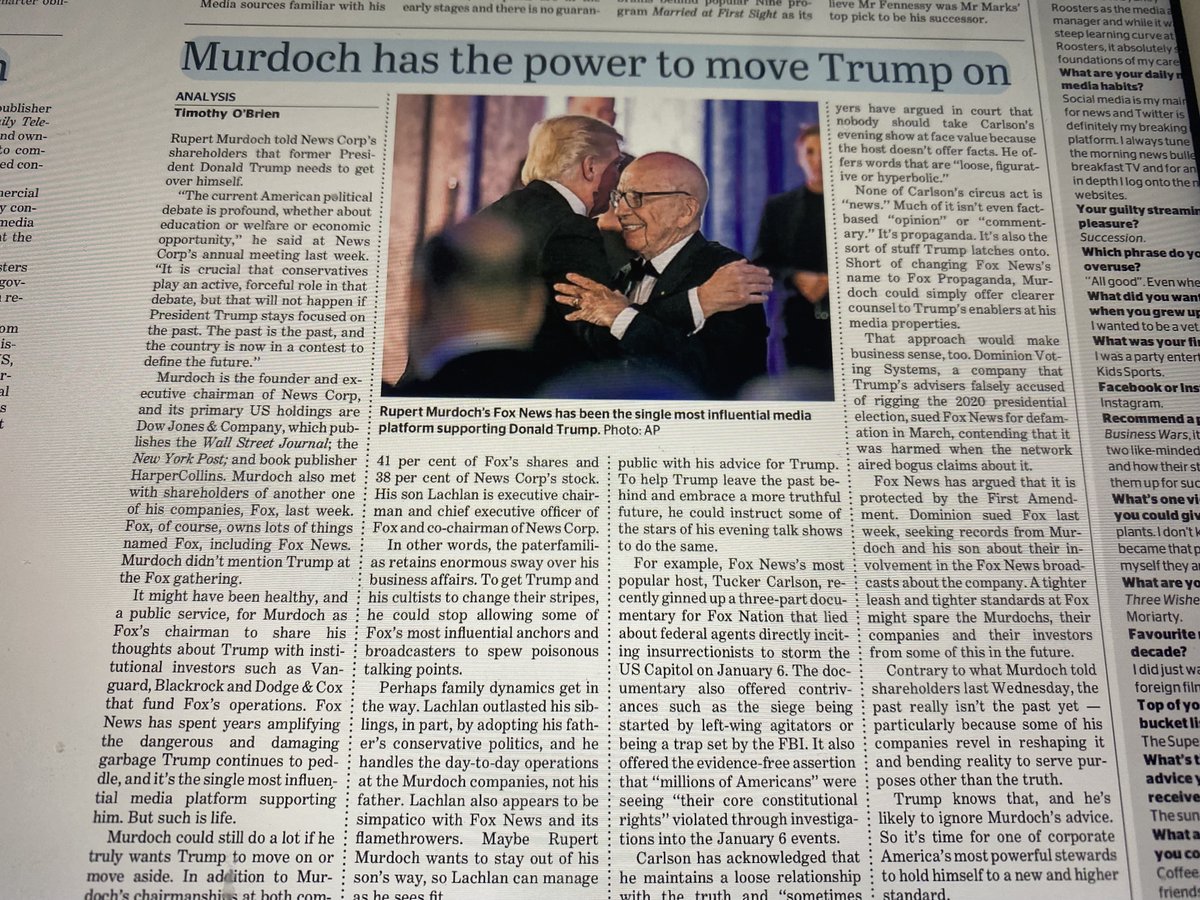QuentinDempster's tweet photo. Trump should move on says Rupert Murdoch to NewsCorp shareholders. But his Fox News outlet in the US is still acting as a propagandist for Trump’s  re-election in 2024. There’s money in far right fear, anti-vax and anti-government tropes. Incitement is bankable. @smh https://t.co/w91bGmwEhc