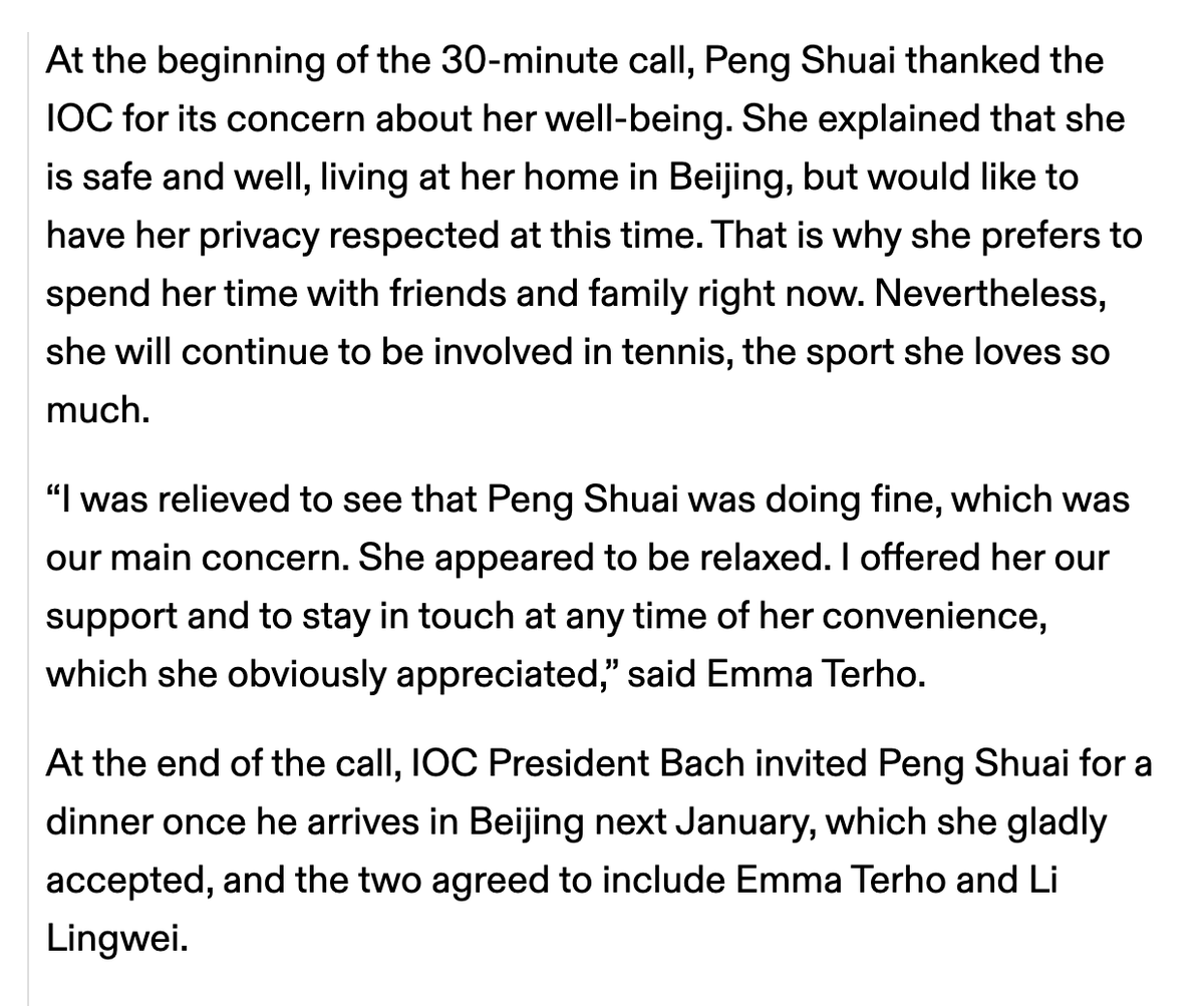rafsanchez's tweet image. NEW: IOC president says he spoke to Peng Shuai in a 30-minute video call.

He seems to believe she is not being coerced.

"She explained that she is safe and well, living at her home in Beijing, but would like to have her privacy respected at this time." olympics.com/ioc/news/ioc-p…