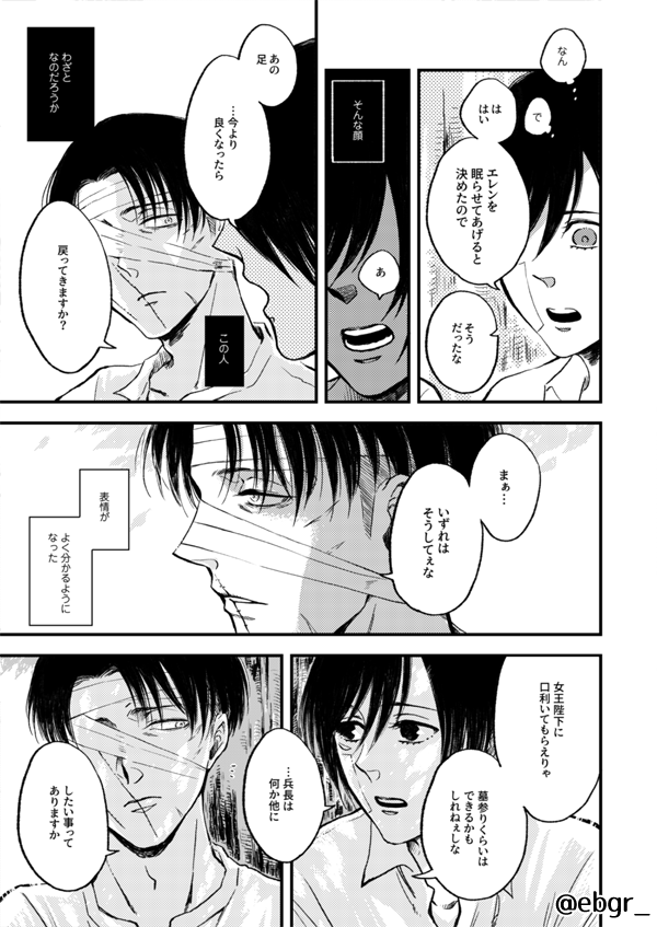 【11/28スパーク新刊】リヴァミカ本「グッバイ・ベイベ」B5/48P/全年齢
最終話の後ミカサがパラディ島に帰還するまでの間、マーレの病院で兵長をお世話するお話です。戦いの後なので兵長もミカサちゃんも弱ってます。今回はミカサちゃんのモノローグ多め。通販はとらさんを予定しています 