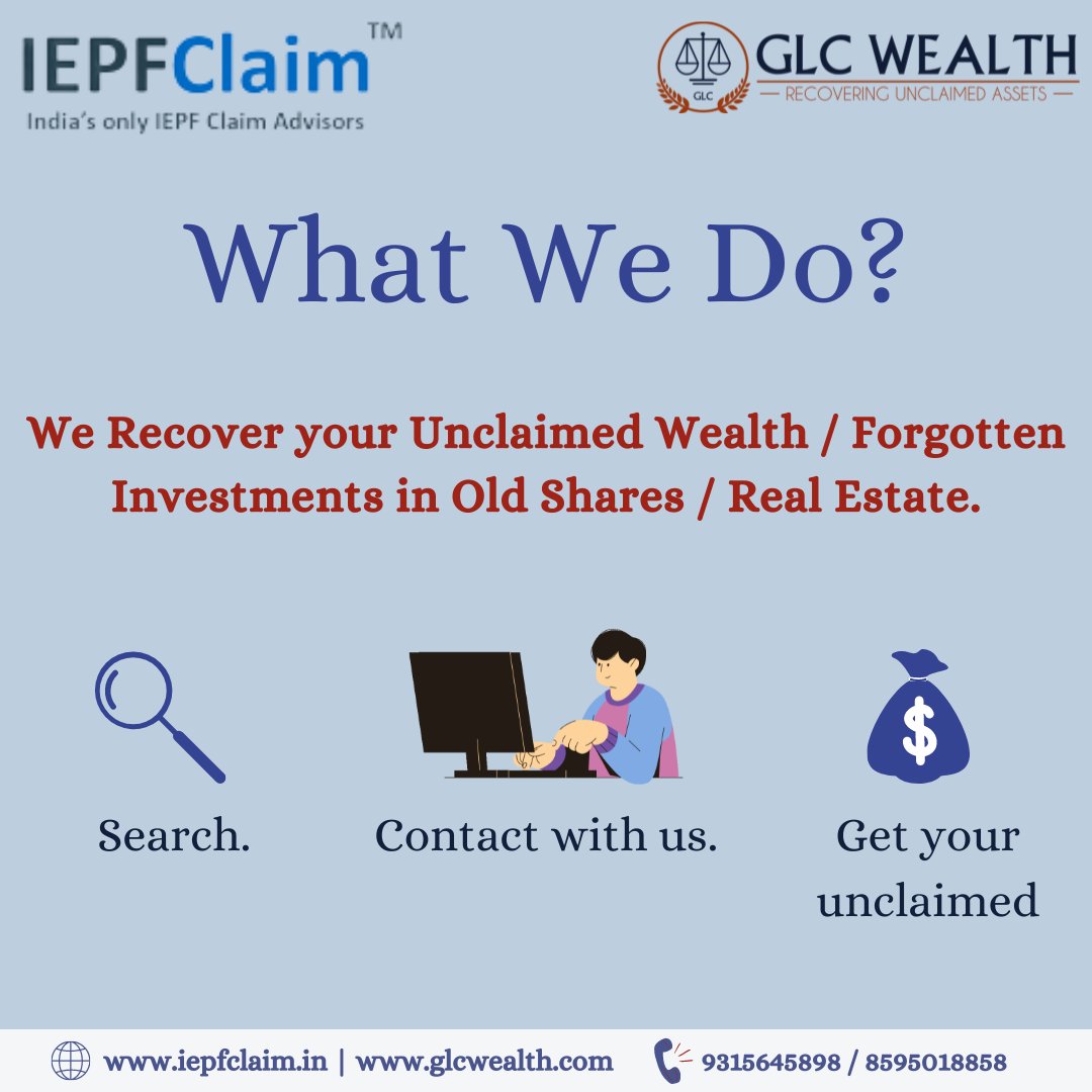 GlcWealth's tweet photo. Visit our website for more information.
#sharesrecovery #unclaimedinvestments #IEPFA #IEPFClaim #Oldshares #physicalshares #investors #nriinvestment #NRI #nriservices #investments #Wealth #recovermoney #unclaimeddividends #finance #glcwealth #unclaimed https://t.co/GyJb5gF05m