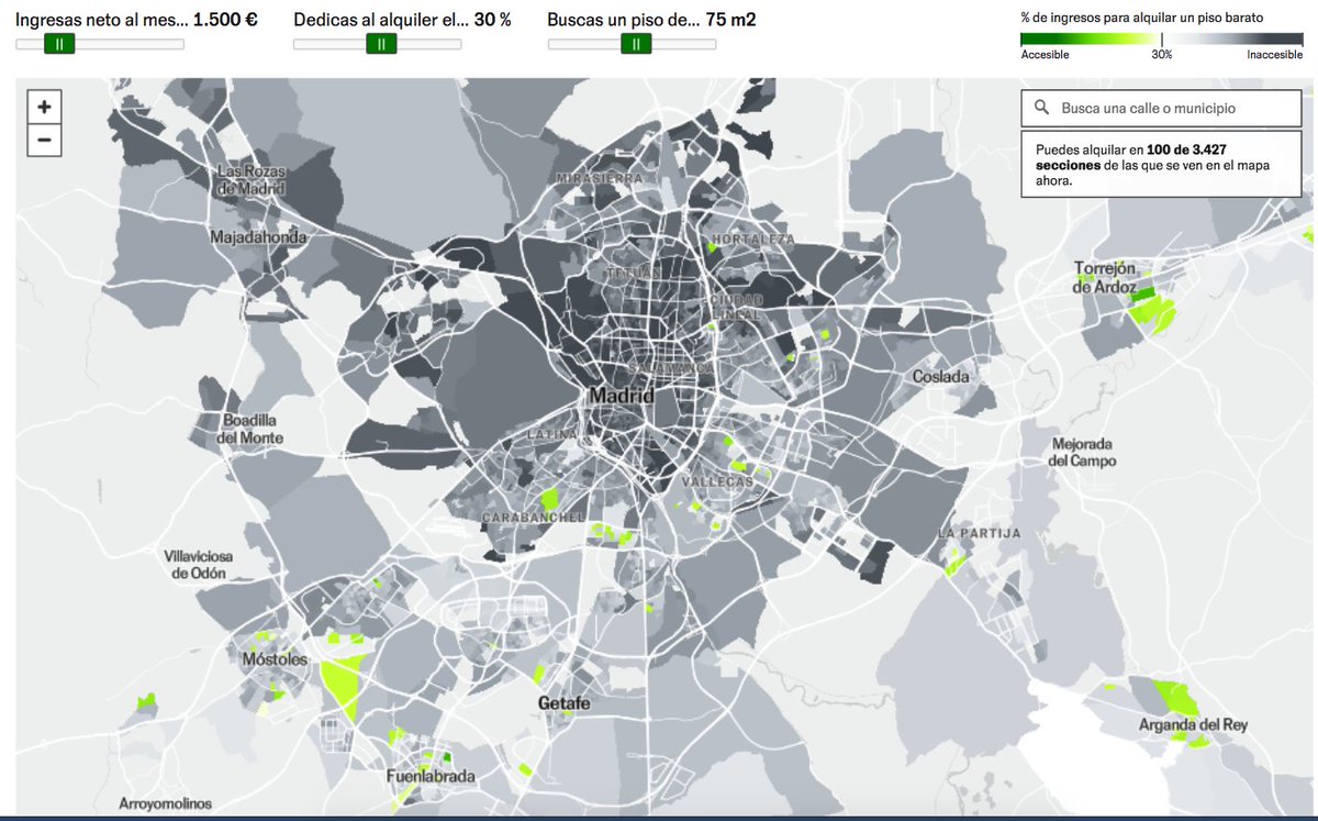 Si ganas 1.500 € al mes, pero no quieres dedicar más del 30% de tus ingresos al pago del alquiler (como se recomienda), te puedes alquilar un piso en las zonas verdes del mapa.

Nuestras opciones de vida en Madrid: pagar alquileres abusivos o irnos de la ciudad.