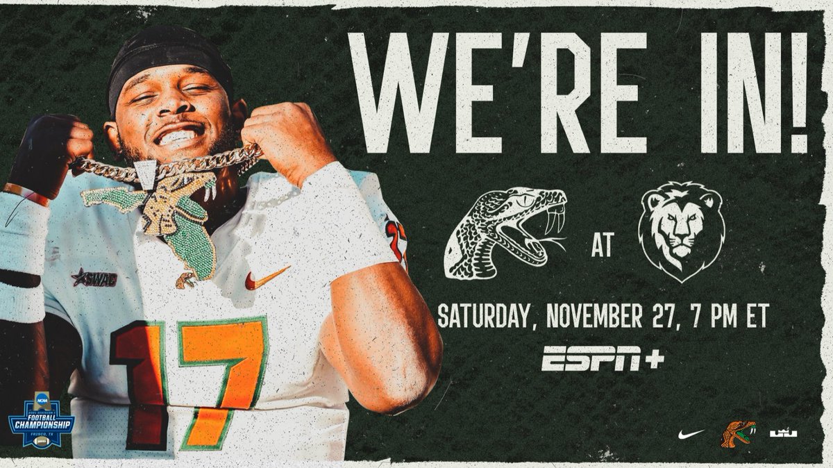FAMU_FB's tweet photo. 𝗪𝗘’𝗥𝗘 𝗜𝗡!!

Rattlers travel to Louisiana to play the SE Louisiana Lions!

#FAMU | #Rattlers | #LeaveNoDoubt | #FCSPlayoffs https://t.co/PVcNMy3YIi