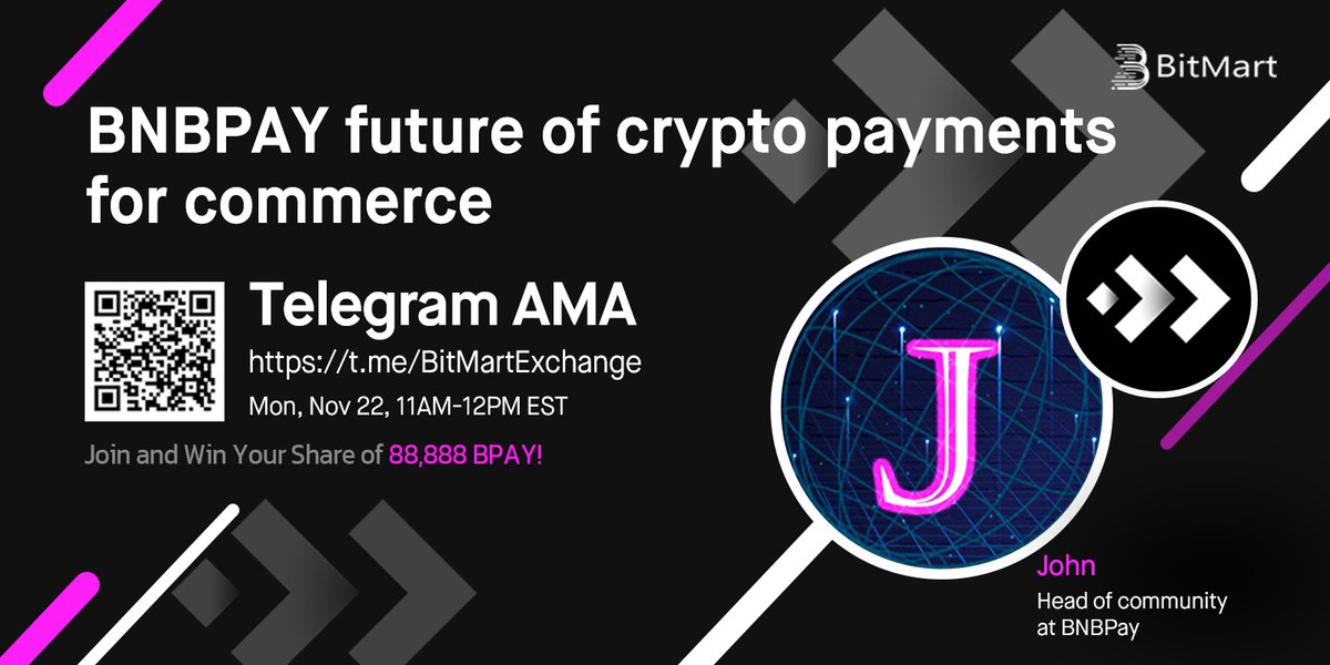 🔈 Join us @BnbPay 11AM EST Nov 22 for $BPAY AMA! We are pleased to have John, Head of community at BNBPay !

1⃣ Follow <a href="/BitMartExchange/">BitMart</a> &amp; @BnbPay
2⃣ RT &amp; tag 3 frds
3⃣ Join t.me/BitMartExchange
4⃣ Fill out : forms.gle/gh4gW6gRNLYYkx… 

🔥 Win your share of 88,888 BPAY!