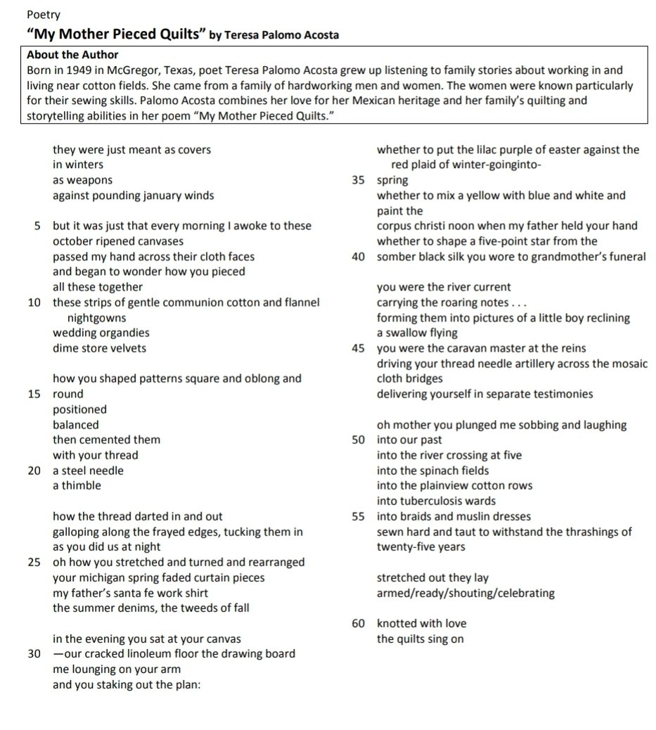 Tutored a student in English 2H.  I never knew this poem existed; EVERYDAY USE is my one of my favorite short stories.  It's my one of my faves because my Mama Lupita made quilts for us: precious treasures &amp; remembrance of her talent, love &amp; patience!
Kudos to the AP textbk