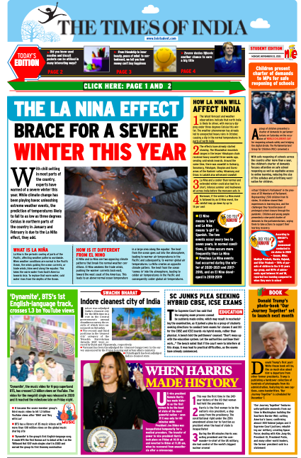 TOIStudent's tweet photo. #news
Start #Monday strong with the latest edition of the TOI Student Online Edition.#Learn about #LaNina effect: Experts warn of a severe winter this year; #children present charter of demands to MPs for safe reopening of schools; and #KamalaHarris makes history. 
#education https://t.co/pOaSDBwOD0