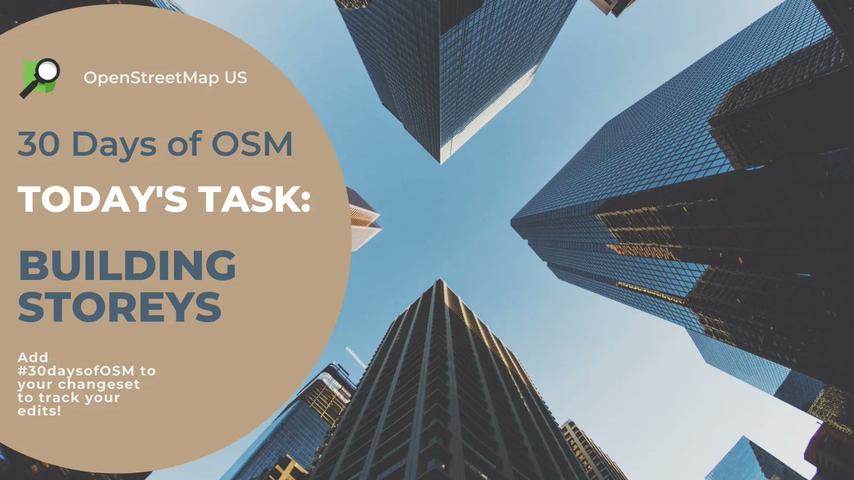 OpenStreetMapUS's tweet image. Look up! Improve building attributes for today&apos;s task by adding the number of storeys (above ground) for the buildings in your neighborhood using the building: levels tag. Remember to add #30daysofOSM to your changeset to track your edits. More info: buff.ly/369HBYE