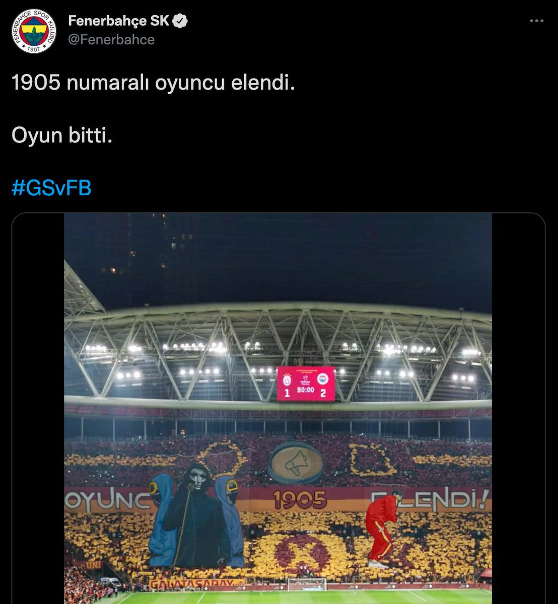 Fenerbahçe'nin galibiyet sonrasında tribünlerdeki #SquidGame koreografisi ile ilgili tweet'i: "Oyuncu 1905 elendi"

 #GSvsFB