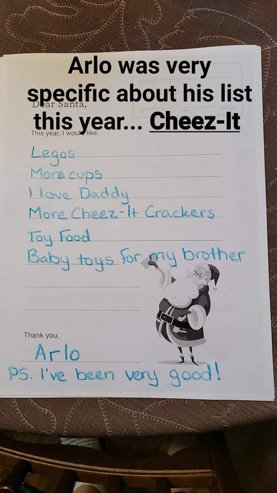 CaitZimm2014's tweet photo. Hey @cheezit Can you help make a Christmas wish come true for a very particular and kinda odd 3 year old?? 😂🤣 https://t.co/BZeOSBNlOF