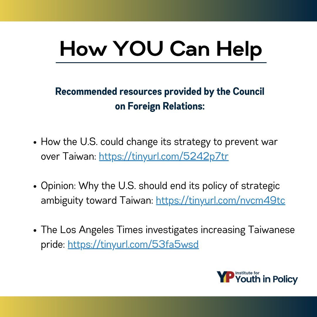 If our policy brief interested you, here’s some things you can do to to help with the China-Taiwan Conflict!

As a reminder, you can find our policy brief at: yipinstitute.com/p/policy

#policy #China #Taiwan #USA