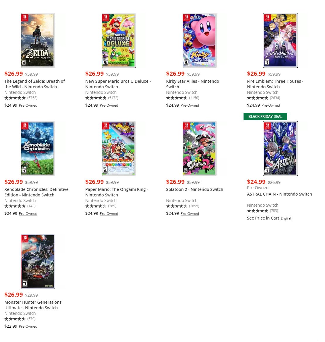 EZClapGames's tweet photo. 1st party Nintendo Switch games for $26.99 each via GameStop - https://t.co/0eCcjZMvBs

Kirby Star Allies
New Super Mario Bros U Deluxe
Paper Mario
Splatoon 2
Xenoblade Chronicles Definitive Edition
Zelda BotW
Astral Chain 
Fire Emblem 

#Nintendo #NintendoSwitch https://t.co/Lh4f4yqQm9