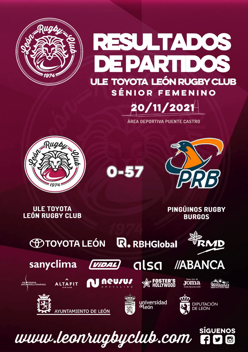 RESULTADOS🏆de la #LigaASISACyL de la <a href="/FRCyL/">FRCyL</a> 
✅Escuela RBH Global LRC: II concentración de Canteras en <a href="/RugbyBierzo/">Bierzo Rugby</a> 😀🚸
✅ Sénior Masc: ULE Toyota LRC, 57 - Bierzo RC, 0.
✅ Sénior Fem: ULE Toyota LRC, 0 - @PinguinosRB, 57.

💜🖤💚
#LeónRugbyClub #LRC #LaUniónHaceLaFuerza