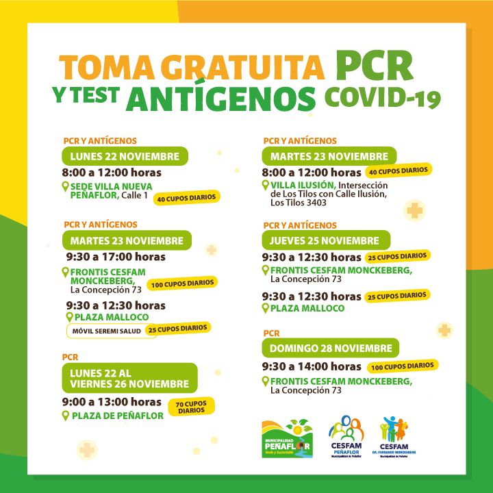 MuniPenaflor's tweet photo. 🟠🟢 Atención ‼️Mira  acá la programación para la próxima semana de #TomaDePcr y de #Antígenos, desde el lunes 22 al domingo 28 de noviembre.
#PeñaflorTeCuida 💚 https://t.co/ATZ1U0axFV