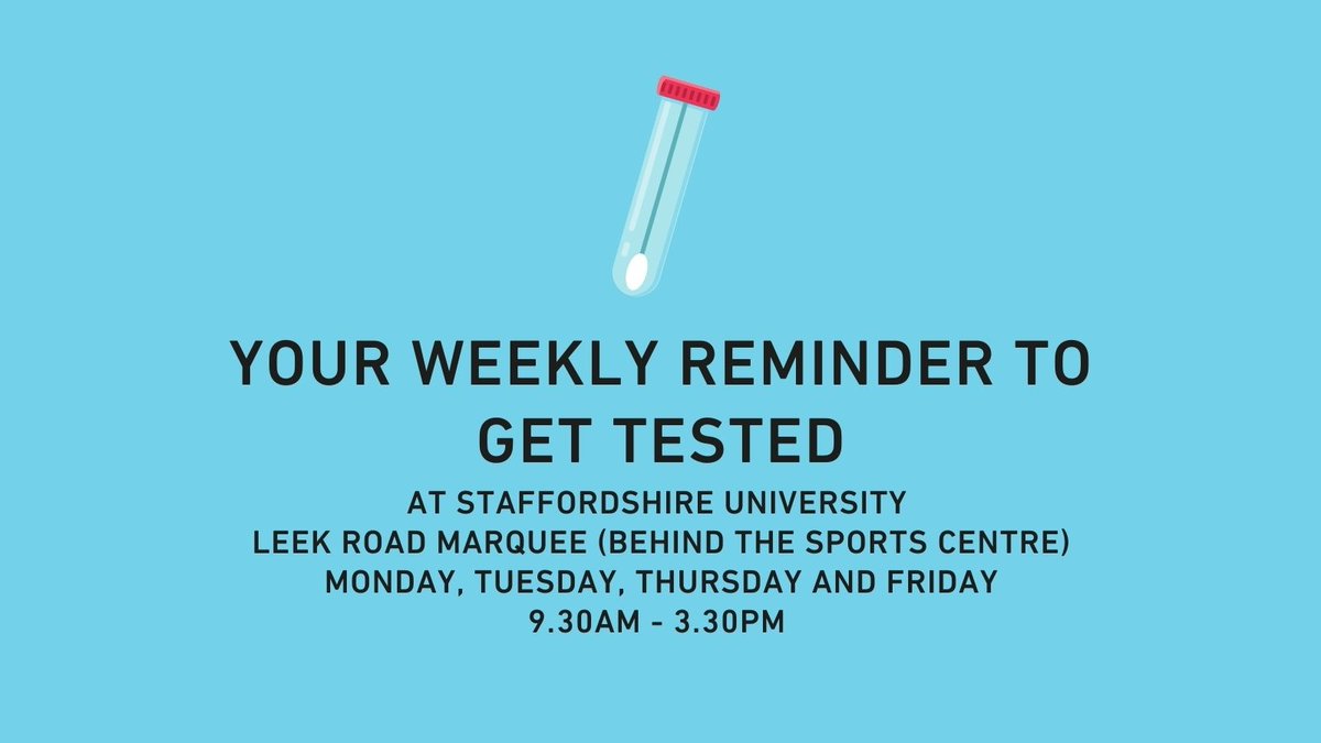 UniofStaffs's tweet photo. Flu-season is upon us, and to ensure our campus remains safe and well, please take a lateral flow test twice weekly before coming on to campus or using any Staffordshire University facilities. You can get tested at our Leek Road Marquee. Book: https://t.co/DRsHFTfYye https://t.co/wsM2HE8DyI
