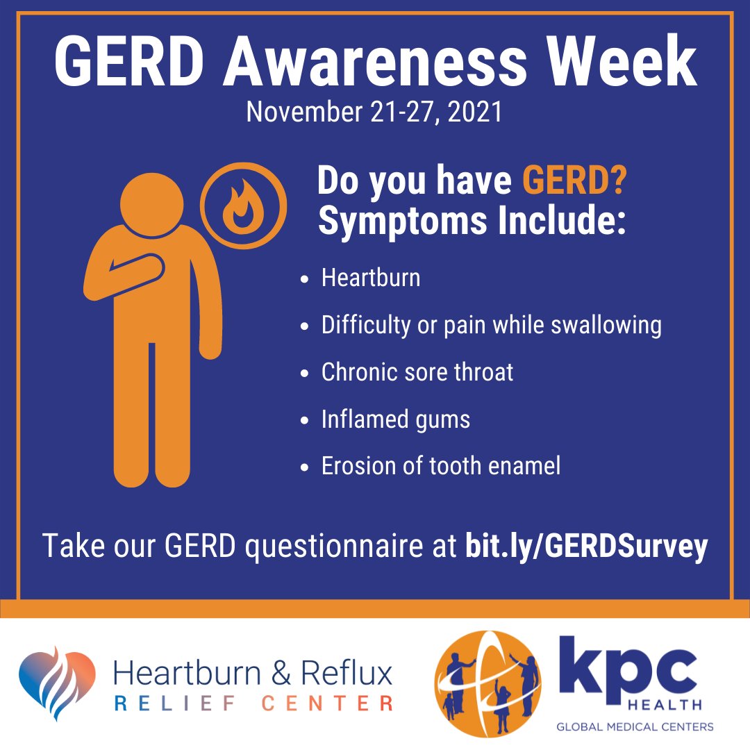 Do you suffer from bad heartburn or frequent acid reflux? You may have GERD, a digestive disorder that affects the ring of muscle between your esophagus and your stomach. Take our GERD questionnaire, at bit.ly/GERDSurvey!
#GERDAwarenessWeek