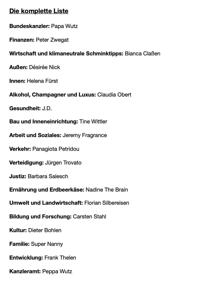 Hier die wirkliche Liste wer welches Ministerium bekommt. Positiv: <a href="/spdde/">SPD Parteivorstand 🇪🇺</a> ,<a href="/Die_Gruenen/">BÜNDNIS 90/DIE GRÜNEN</a> und <a href="/fdp/">FDP</a> gehen neue Wege für den Aufbruch. Neues wagen! Wird sicher nach der ersten gemeinsamen Regierungs-Agil-Retro-Session noch mal reflektiert 🙈