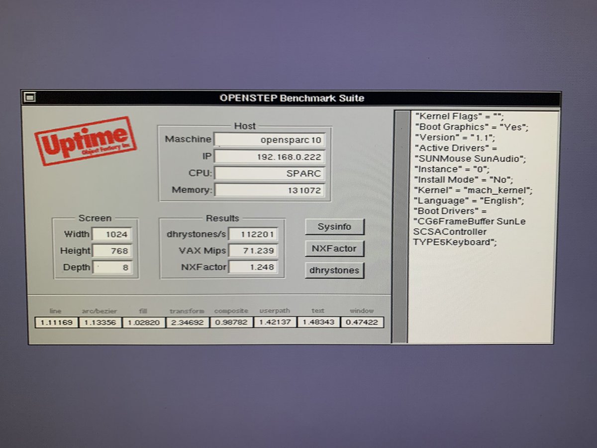Iggi76123640's tweet image. So this is interesting. OPENSTEP 4.2/Mach/SPARC Patch 4 on a SPARCstation 5 110MHz MicroSPARC/S24 delivers a better NXBench than on a SPARCstation 20 SM51/CG6? 🤔 It felt snappier,yes, but faster? #sun #openstep #sparc #nxbench