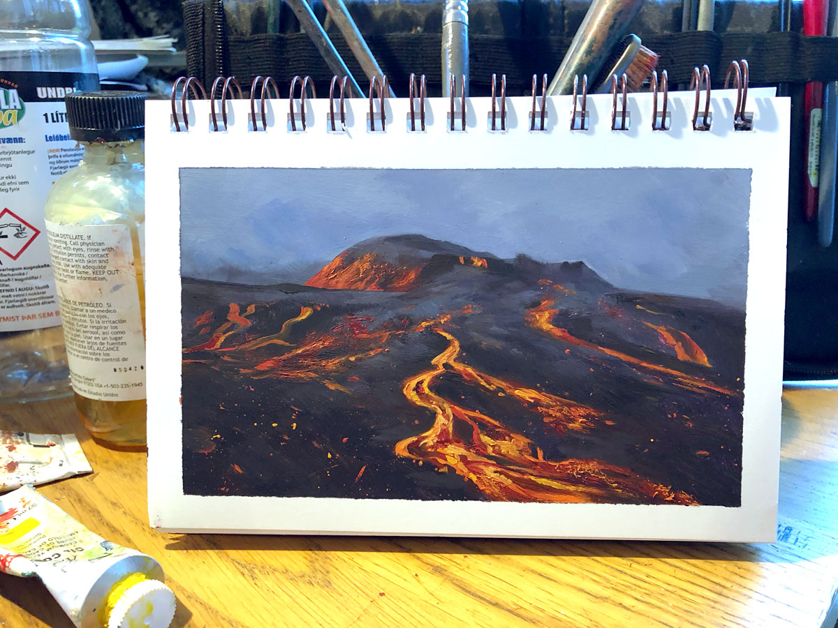 eldfjalladag's tweet photo. (Painting 88/100 - 29.06.2021)
Same day but with the lava cooling &amp; changing there were so many different colours and patterns.

Friendly reminder that this will be featured in a volcano #artbook we are #crowdfunding to publish - check out link in bio

 #landscapeart #Iceland https://t.co/ffh5NeISC8