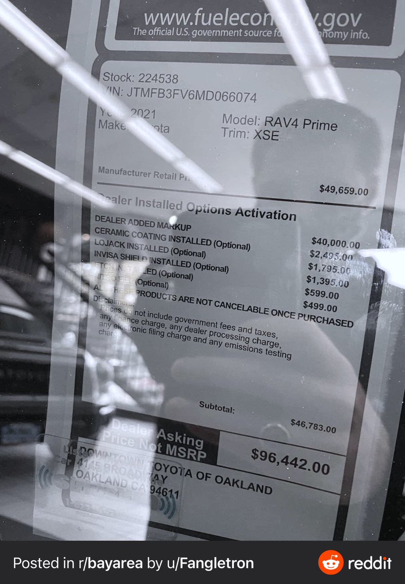 Jimeverett's tweet photo. Recently gasped at a $12K mark up for Hyundai products in Glendale, CA but this Toyota Oakland dealer just went Championship level...
Anyone else seeing this stuff? https://t.co/xkmjWQS4rC