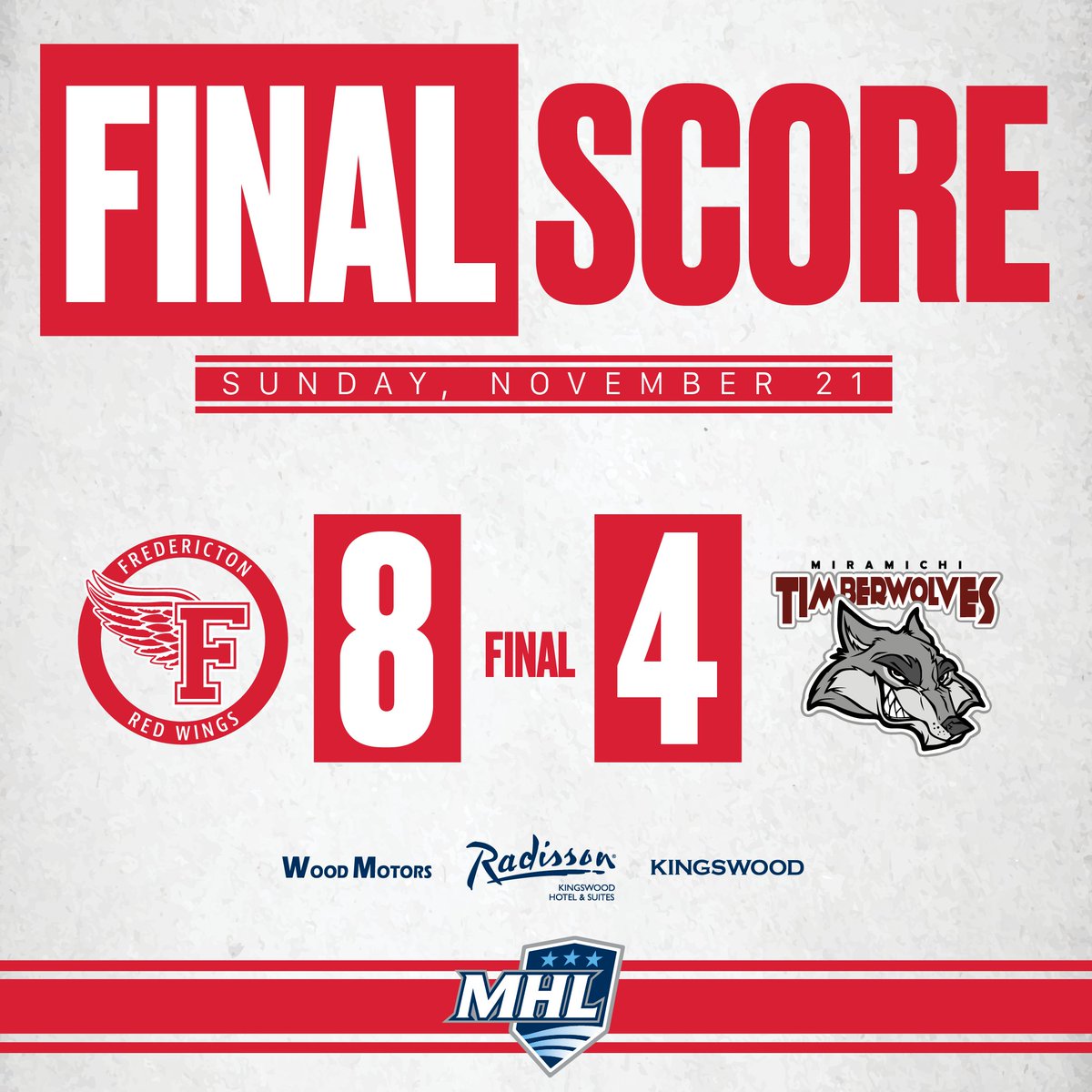 ‼️WINGS WIN‼️

The Red Wings walk away with a big 8-4 win over the <a href="/MTimberWolves/">Miramichi Timberwolves</a>!

🎩  Alex Pellerin
🚨🚨  MacEachern
🚨 Melikov
🚨 Tracey
🚨 Standing

⭐ Alex Pellerin (F)
⭐⭐ Slava Melikov (F)
⭐⭐⭐  Matt Gordon (M)

#RockTheWings