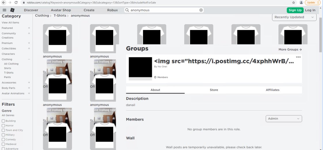 RBLXTradingNews's tweet image. It’s recommended to avoid use of the Roblox Catalog/Groups/Games for now. (Primarily the search function)
There's currently an active XSS vulnerability on Roblox in which group names, catalog items, games (anything with a customizable name) can execute scripts in your browser.