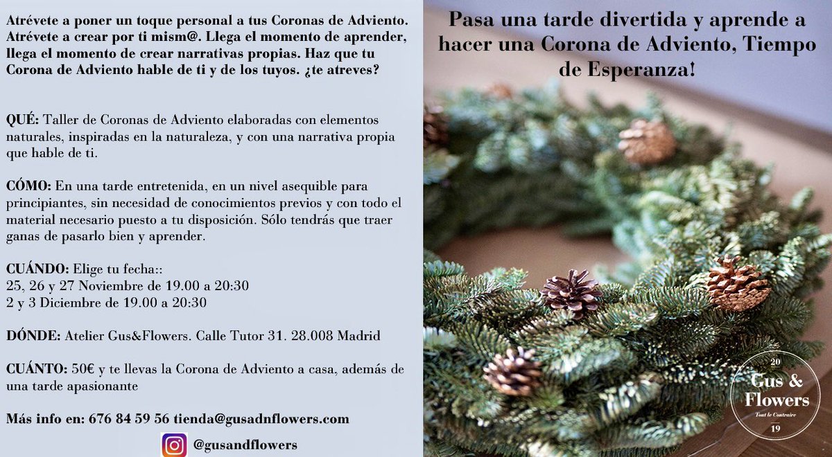 Amigos/as de Madrid, Gus&amp;Flowers hemos abierto tienda en Calle Tutor 31 (Argüelles). Y vamos a realizar unos preciosos talleres de Coronas de Adviento esta y la próxima semana. Nos ayudáis con un retweet??? 😘😘😘