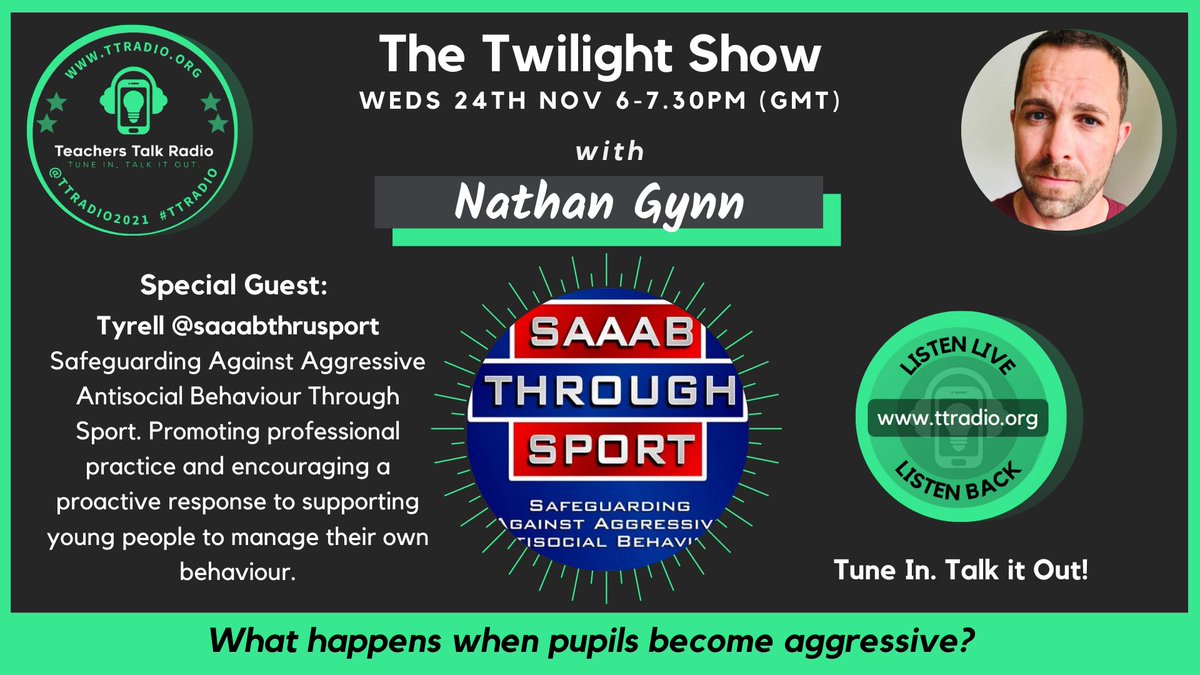 This Wednesday, I’m talking with <a href="/SAAABTHRUSPORT/">SAAAB THROUGH SPORT</a> on @TTRadio2021 about facing aggressive antisocial behaviour in educational settings

It’s a big topic… what should we cover? #ttradio #edutwitter #behaviour