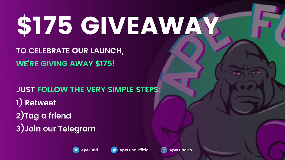$175 giveaway to celebrate our launch! 

All you have to do is:
- Retweet this post
- Tag a friend in this post
- Join our Telegram (t.me/ApeFund)

3 winners will be announced at random:
- 1st winner : $100
- 2nd winner : $50
- 3rd winner : $25

Ends in 24hrs!