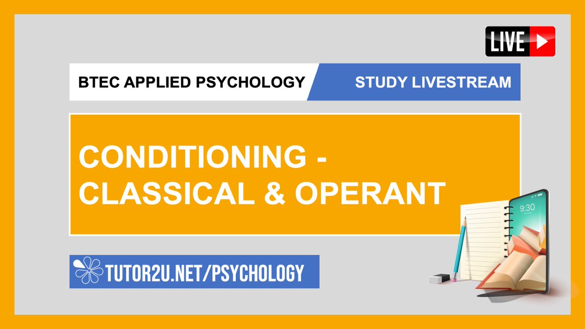 tutor2uPsych's tweet photo. The BTEC Applied Psychology live revision session tomorrow at 630pm is on Classical and Operant Conditioning.
Join Rhys and Simon here:
https://t.co/OgeKkHuSHX
#psychology #btecs https://t.co/JgqNm2FE8V