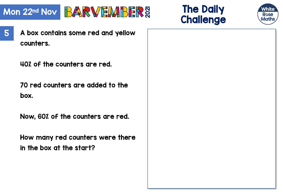 WhiteRoseEd's tweet photo. 💭 Your day 16 #Barvember Challenge Question!

How many red counters were in the box at the start? 🔴

🔗 https://t.co/jWXf1bY0JI https://t.co/CmkUCPr8bW