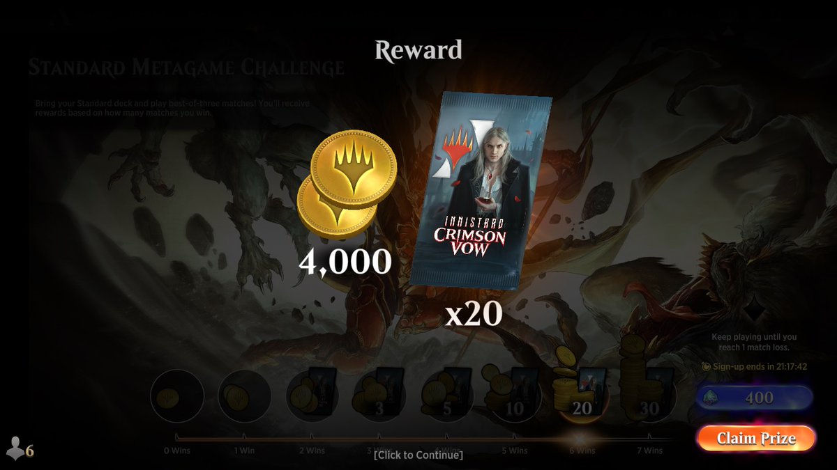 Ausi1983's tweet photo. #MTGArena #StandardMetagameChallenge 

6-0 into 6-1 with Mono-White Aggro. 
Was 6-0 with all game won for 2-0. 
Then i decide to lost 1-2 and waste away 1k gold and 10 Crimson Vow Booster.
Not a 7-0 but still pretty acceptable XD

@fireshoes @mtgazone https://t.co/uiuEJaU7WZ