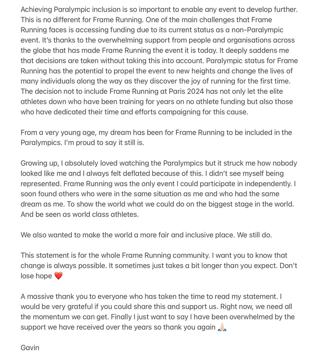 Gav_DrysdaleRR's tweet photo. My statement regarding the IPC’s decision to exclude Frame Running from Paris 2024 Paralympics 💔 https://t.co/TkW37vViDp